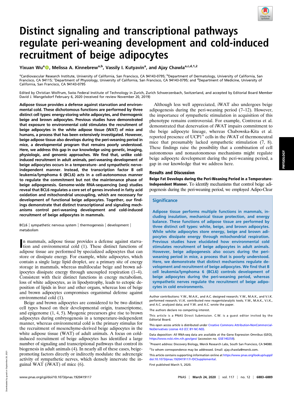 Distinct Signaling and Transcriptional Pathways Regulate Peri-Weaning Development and Cold-Induced Recruitment of Beige Adipocytes