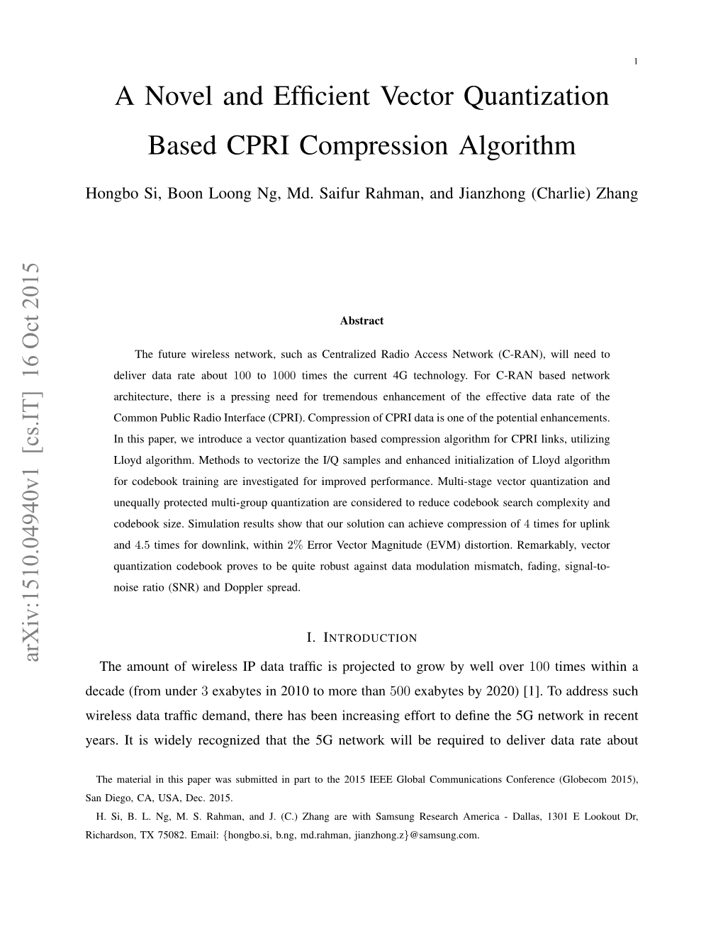 A Novel and Efficient Vector Quantization Based CPRI