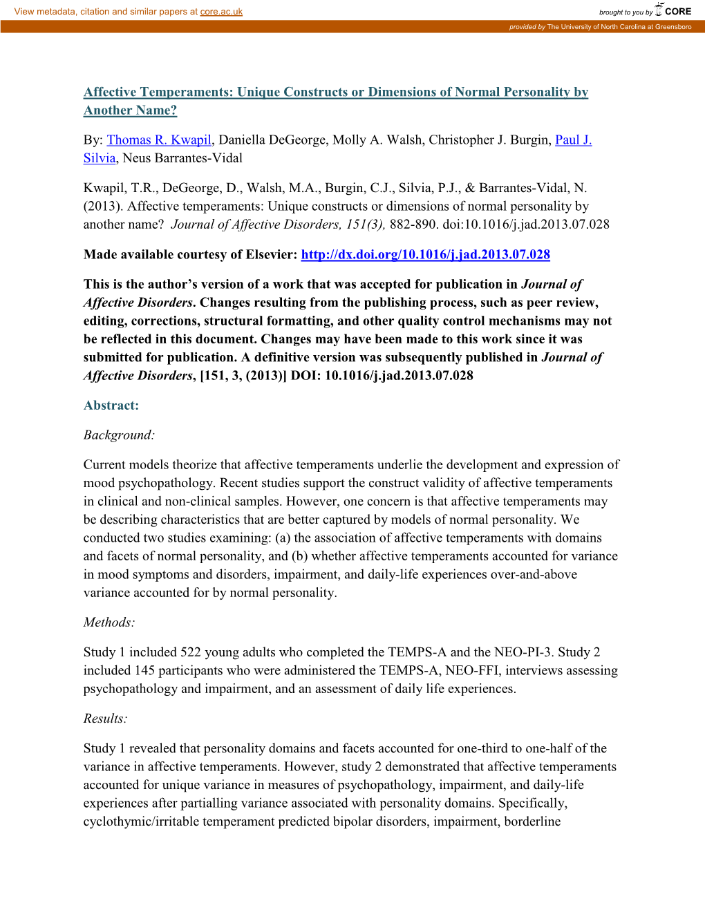 Affective Temperaments: Unique Constructs Or Dimensions of Normal Personality by Another Name?