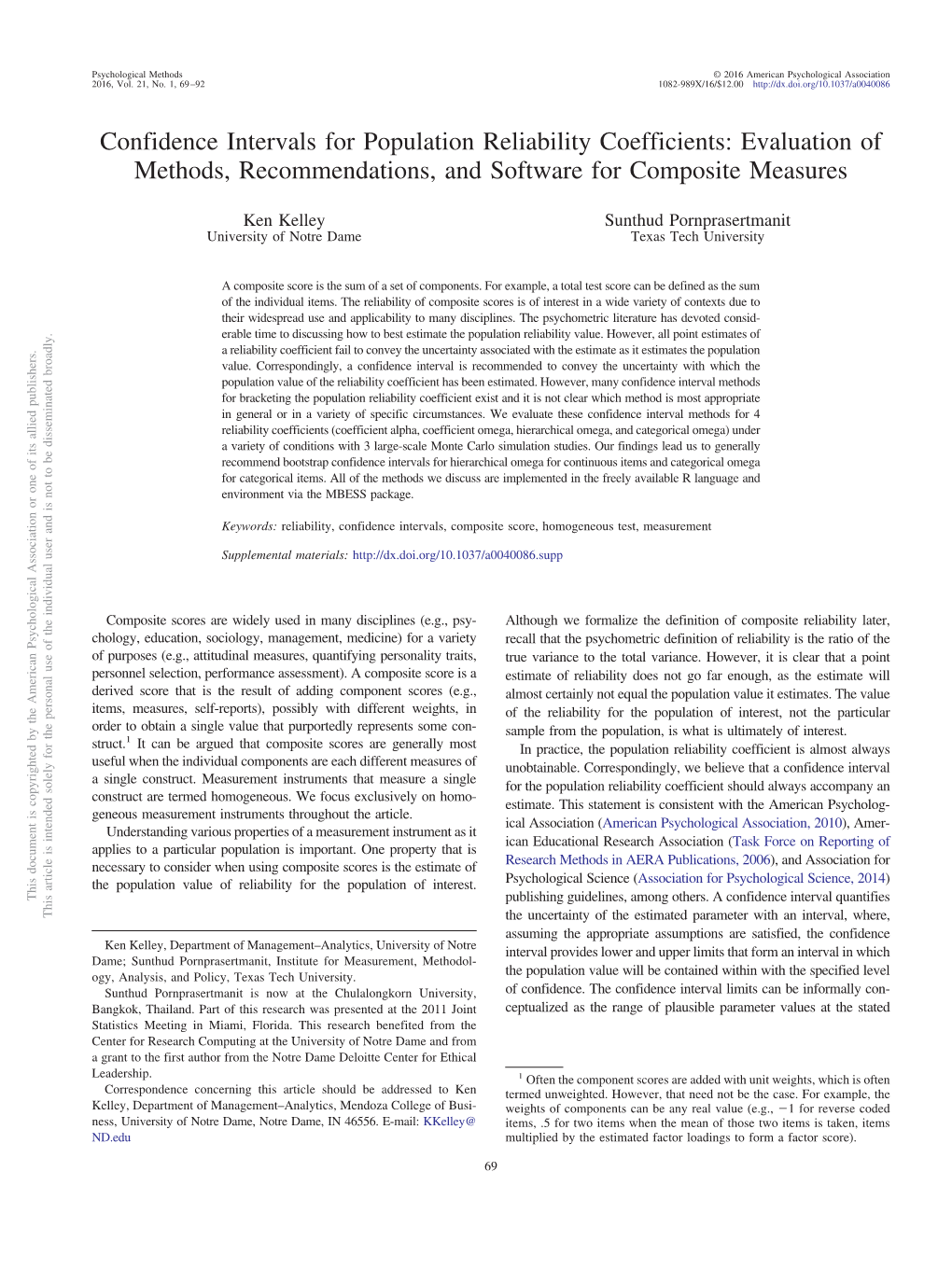 Confidence Intervals for Population Reliability Coefficients: Evaluation of Methods, Recommendations, and Software for Composite Measures