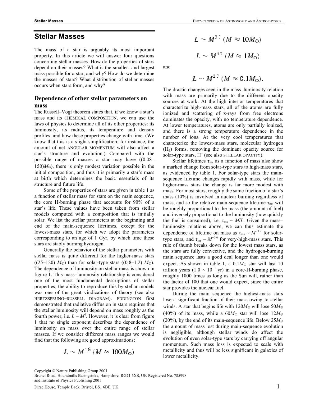 Stellar Masses ENCYCLOPEDIA of ASTRONOMY and ASTROPHYSICS