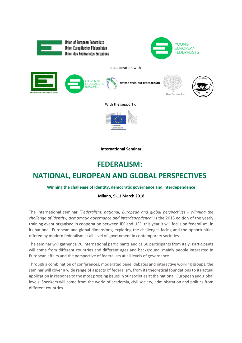 Federalism: National, European and Global Perspectives