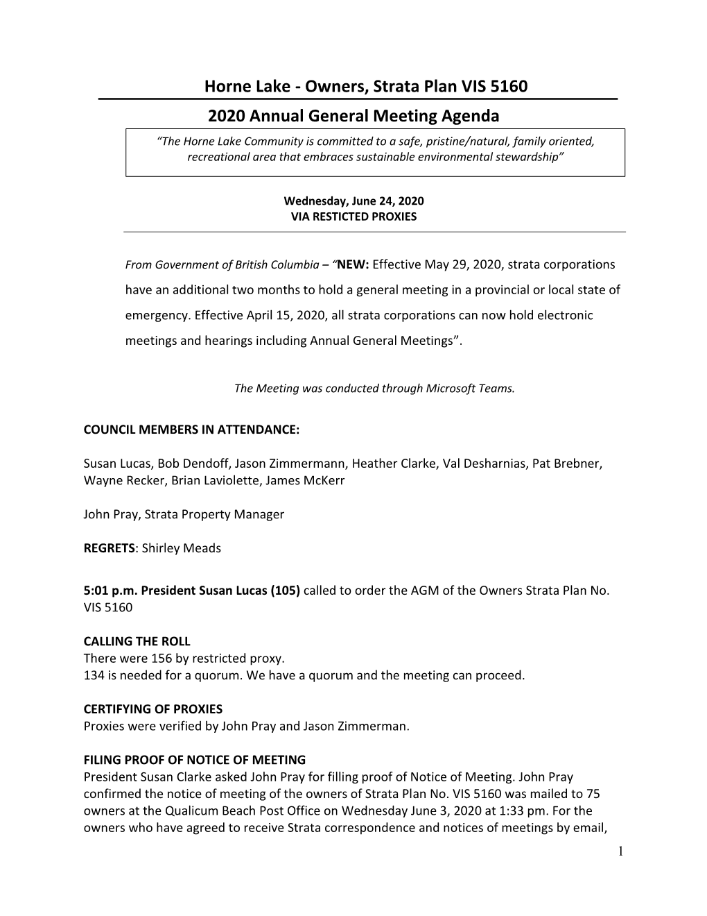 Owners, Strata Plan VIS 5160 2020 Annual General Meeting Agenda