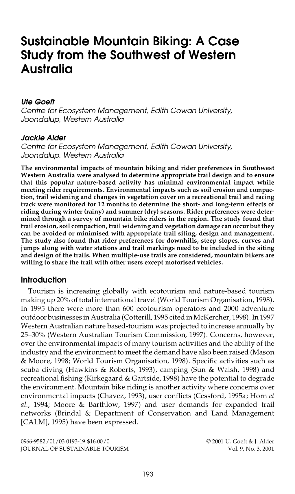 Sustainable Mountain Biking: a Case Study from the Southwest of Western Australia