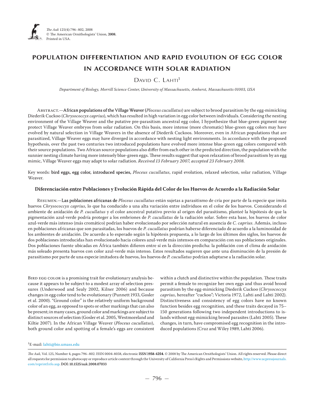 Population Differentiation and Rapid Evolution of Egg Color in Accordance with Solar Radiation