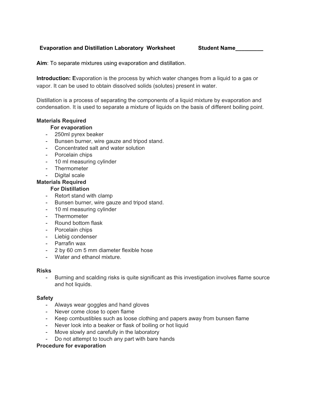 Evaporation and Distillation Laboratory Worksheet Student Name______