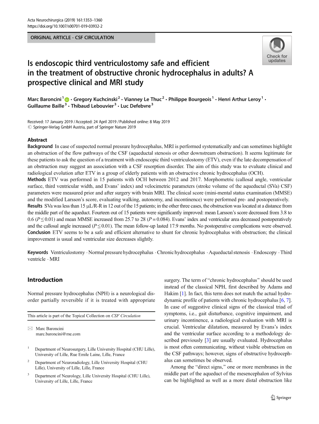 Is Endoscopic Third Ventriculostomy Safe and Efficient in the Treatment of Obstructive Chronic Hydrocephalus in Adults? a Prospective Clinical and MRI Study