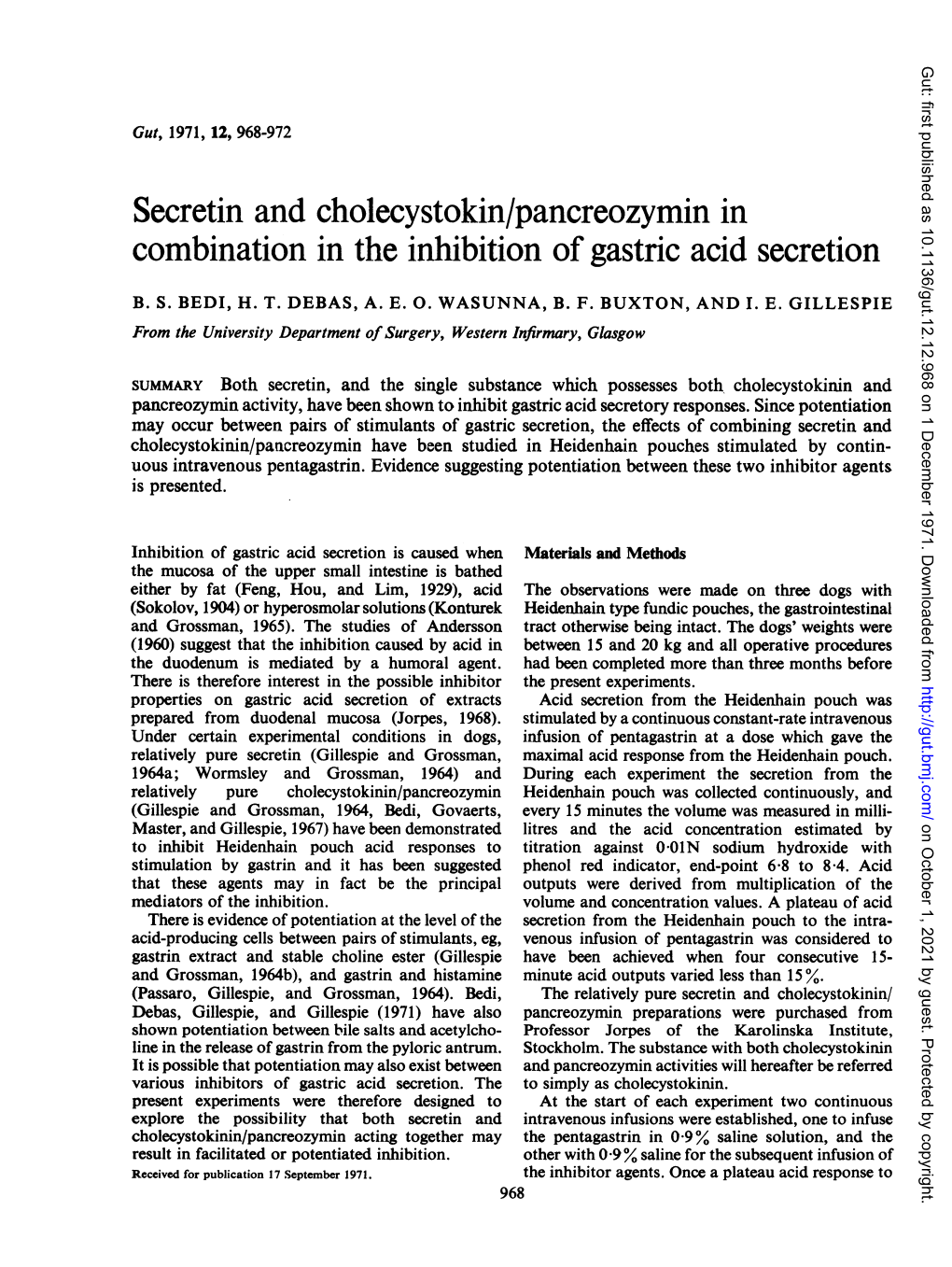 Secretin and Cholecystokin/Pancreozymin in Combination in the Inhibition of Gastric Acid Secretion