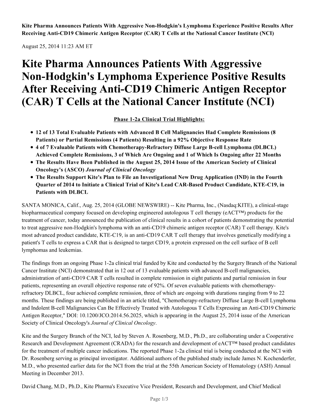 Kite Pharma Announces Patients with Aggressive Non-Hodgkin's