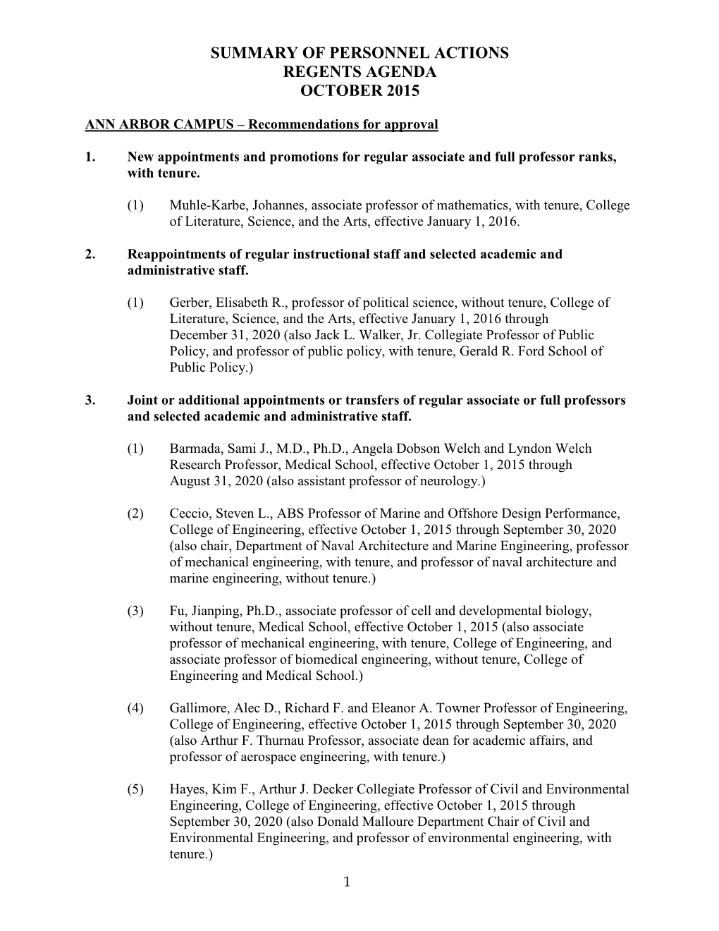 Summary of Personnel Actions Regents Agenda October 2015