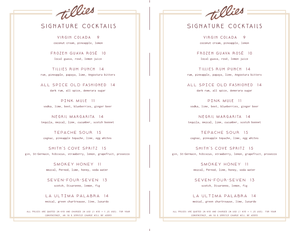 Tillies Cocktails Menu 8.11.19