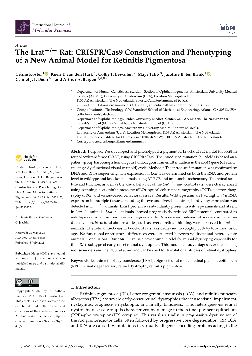 The Lrat−/− Rat: CRISPR/Cas9 Construction and Phenotyping of a New Animal Model for Retinitis Pigmentosa