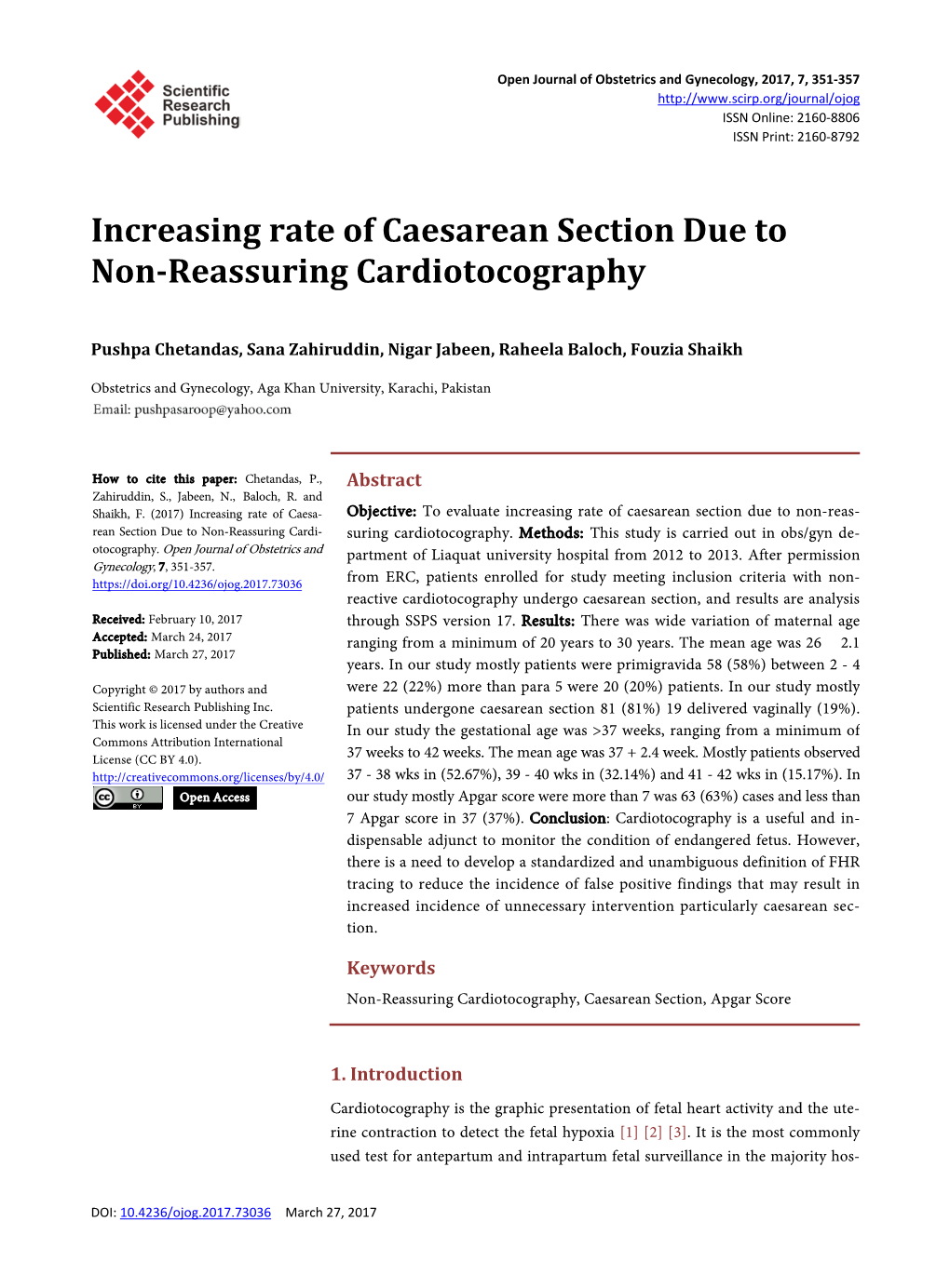 Increasing Rate of Caesarean Section Due to Non-Reassuring Cardiotocography