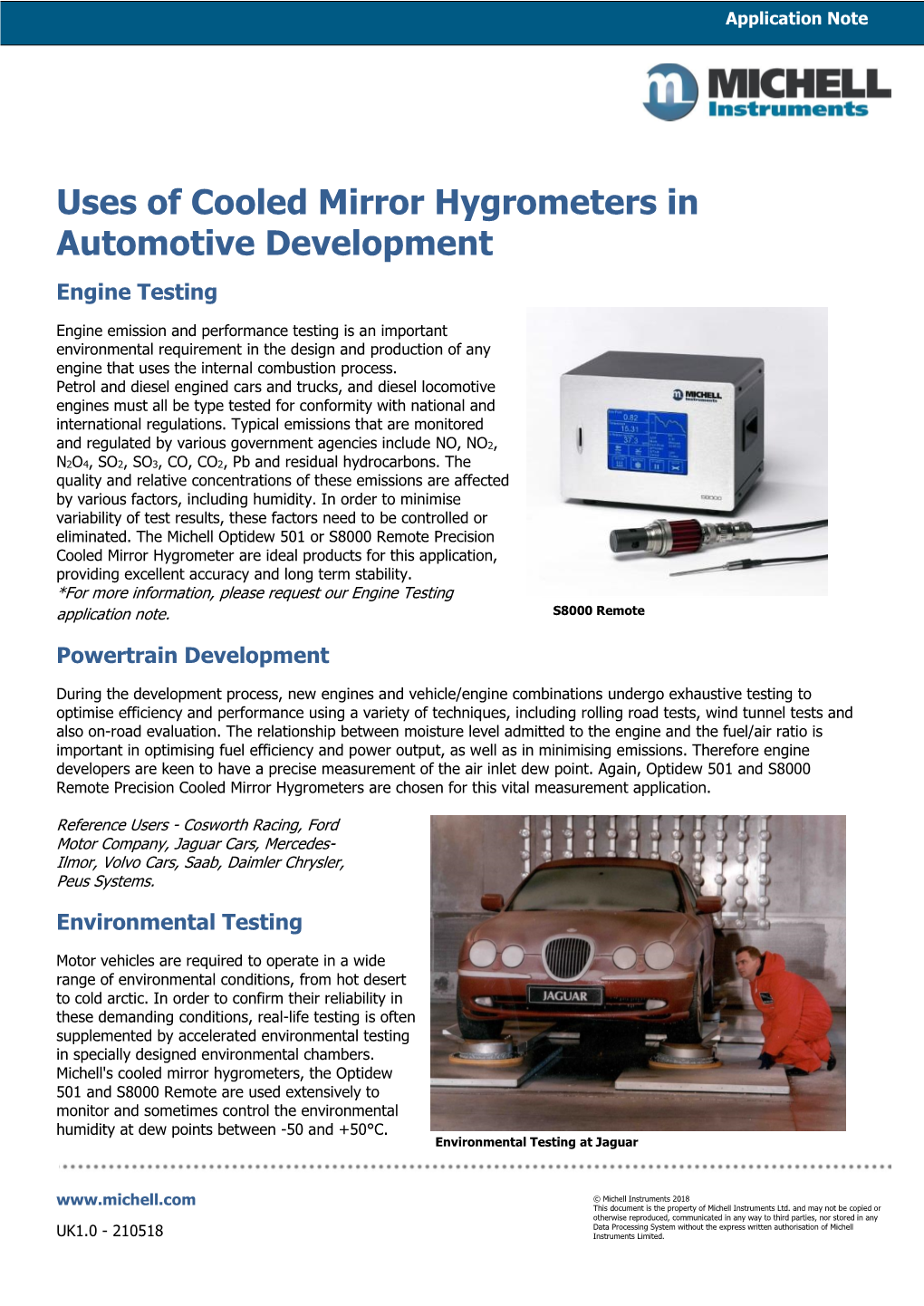 Uses of Cooled Mirror Hygrometers in Automotive Development Engine Testing
