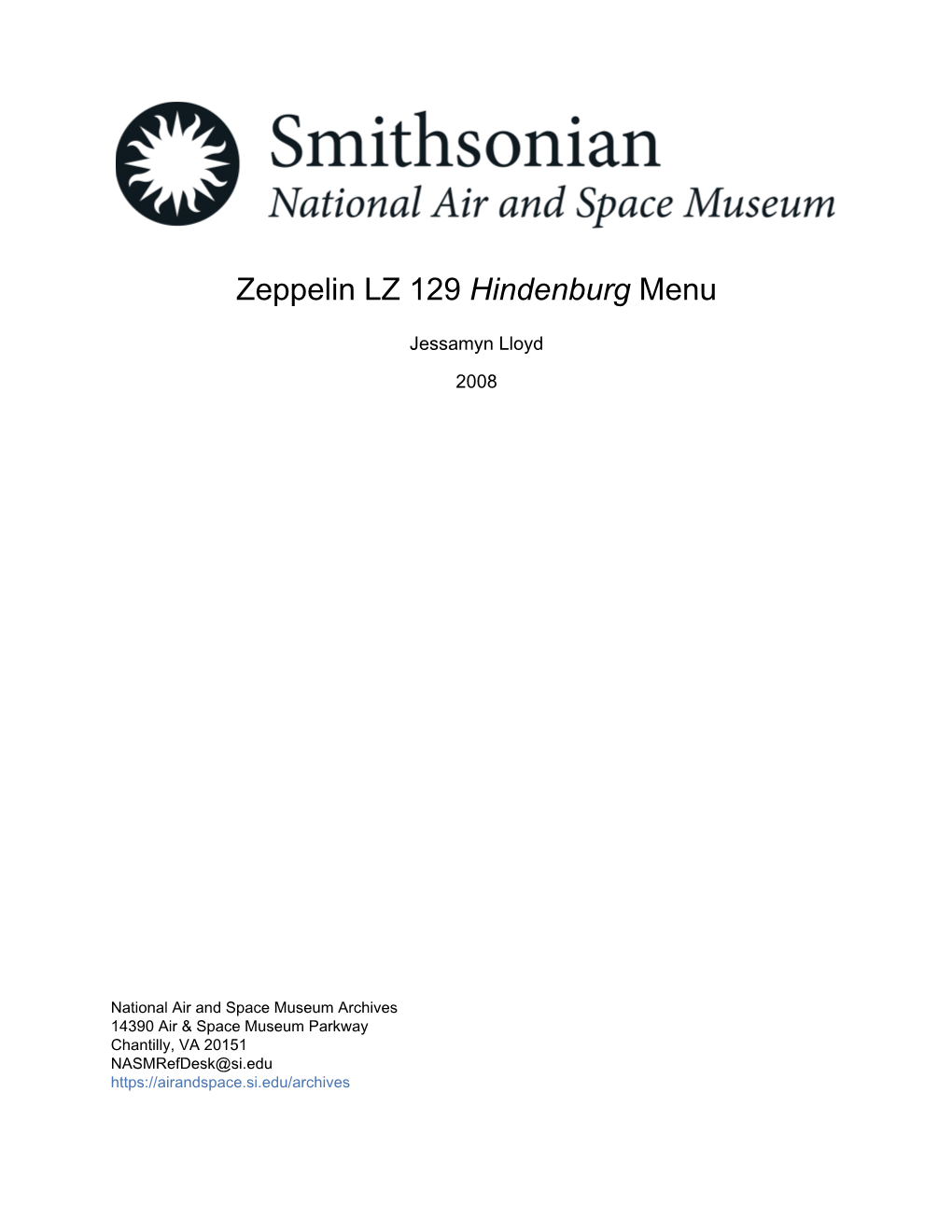 Zeppelin LZ 129 Hindenburg Menu