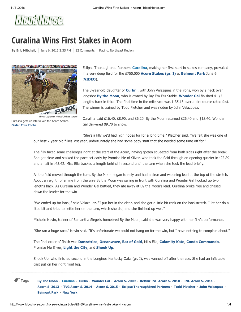 Curalina Wins First Stakes in Acorn | Bloodhorse.Com