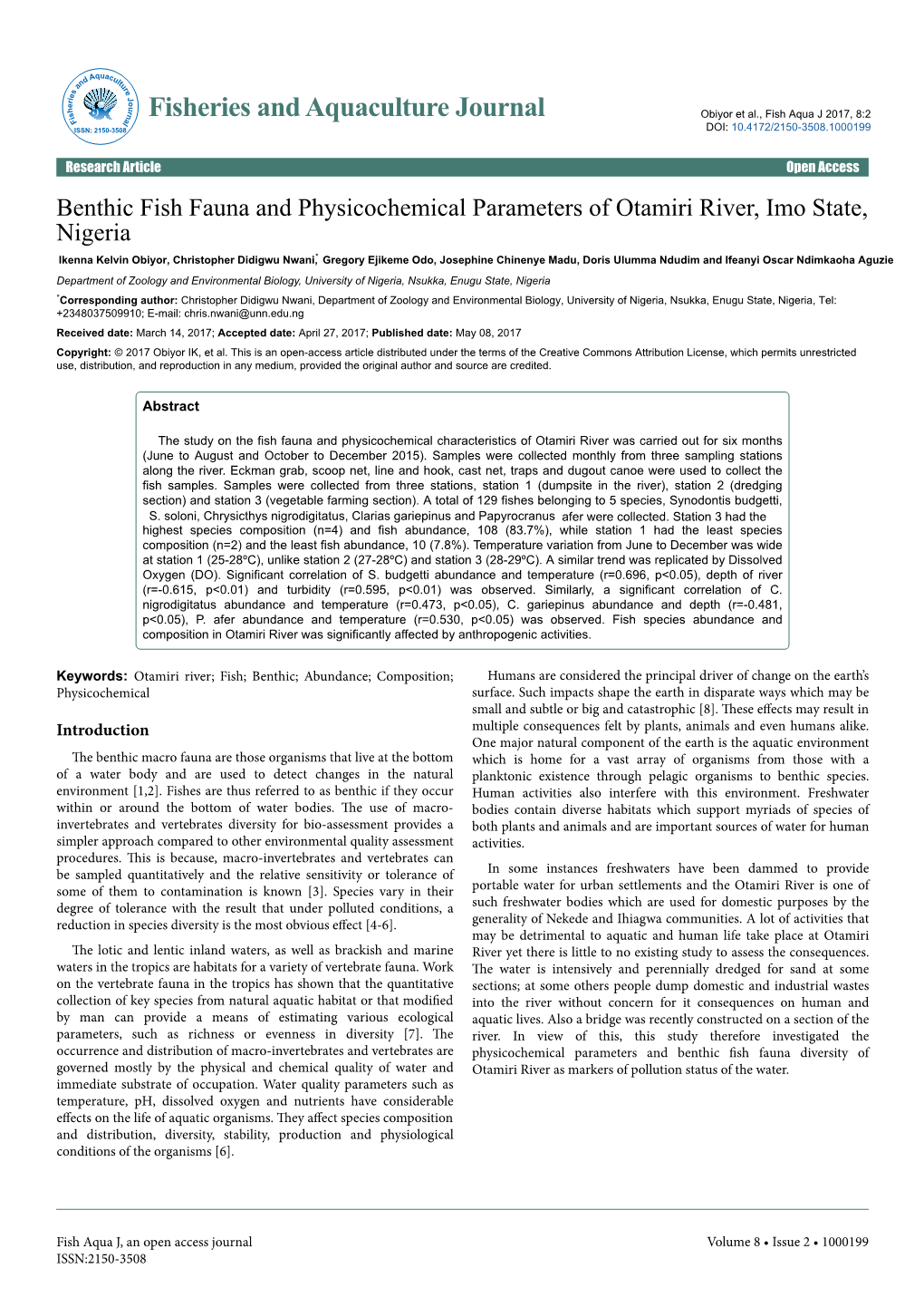 Benthic Fish Fauna and Physicochemical Parameters Of