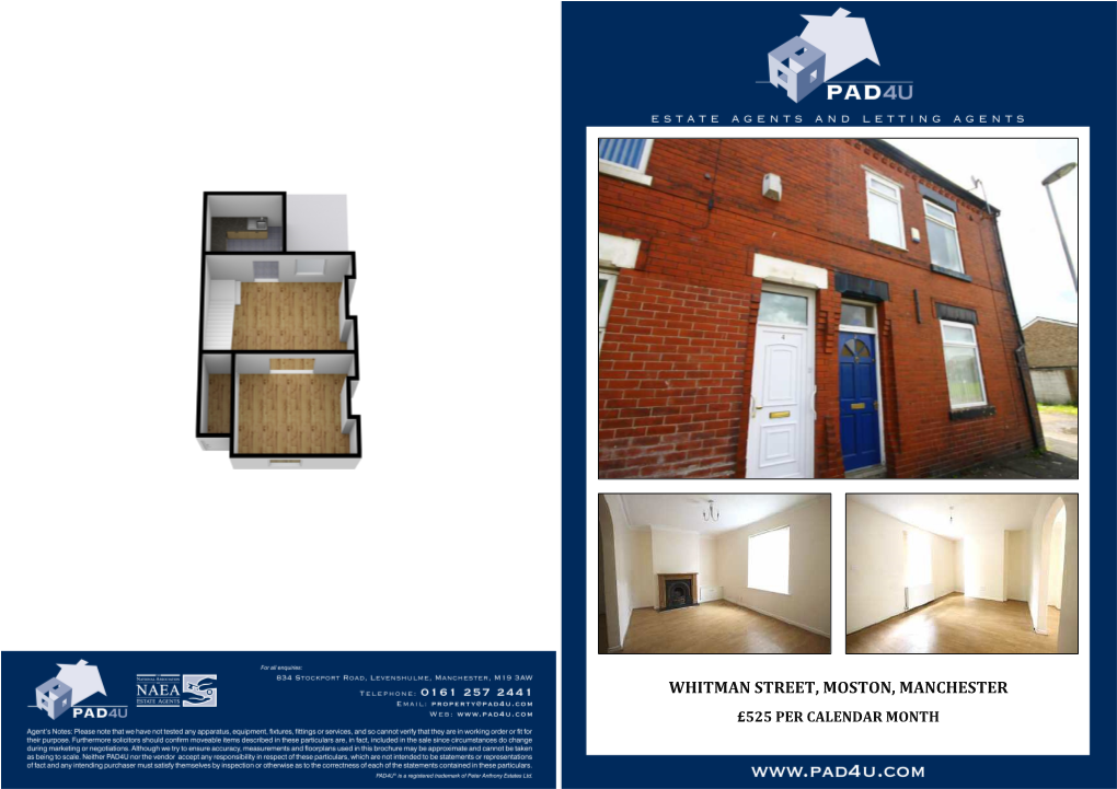 WHITMAN STREET, MOSTON, MANCHESTER £525 PER CALENDAR MONTH LOCATION MAP Kitchen 1.919 X 2.120 (6'4" X 6'11") Gas Cooker and Single Drainage Sink