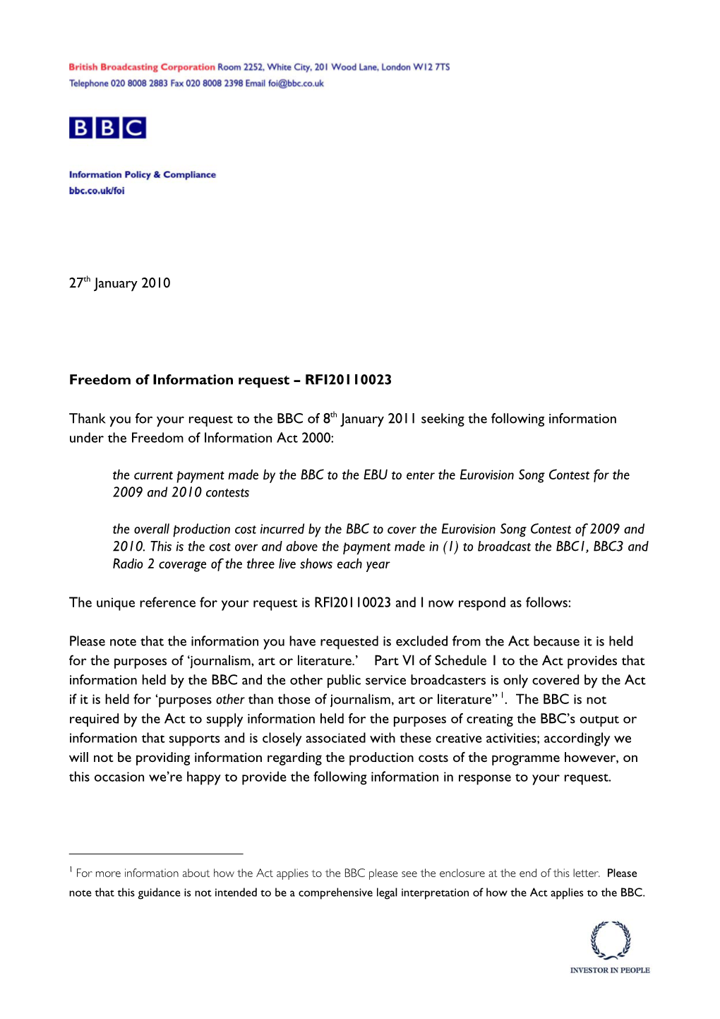 27Th January 2010 Freedom of Information Request