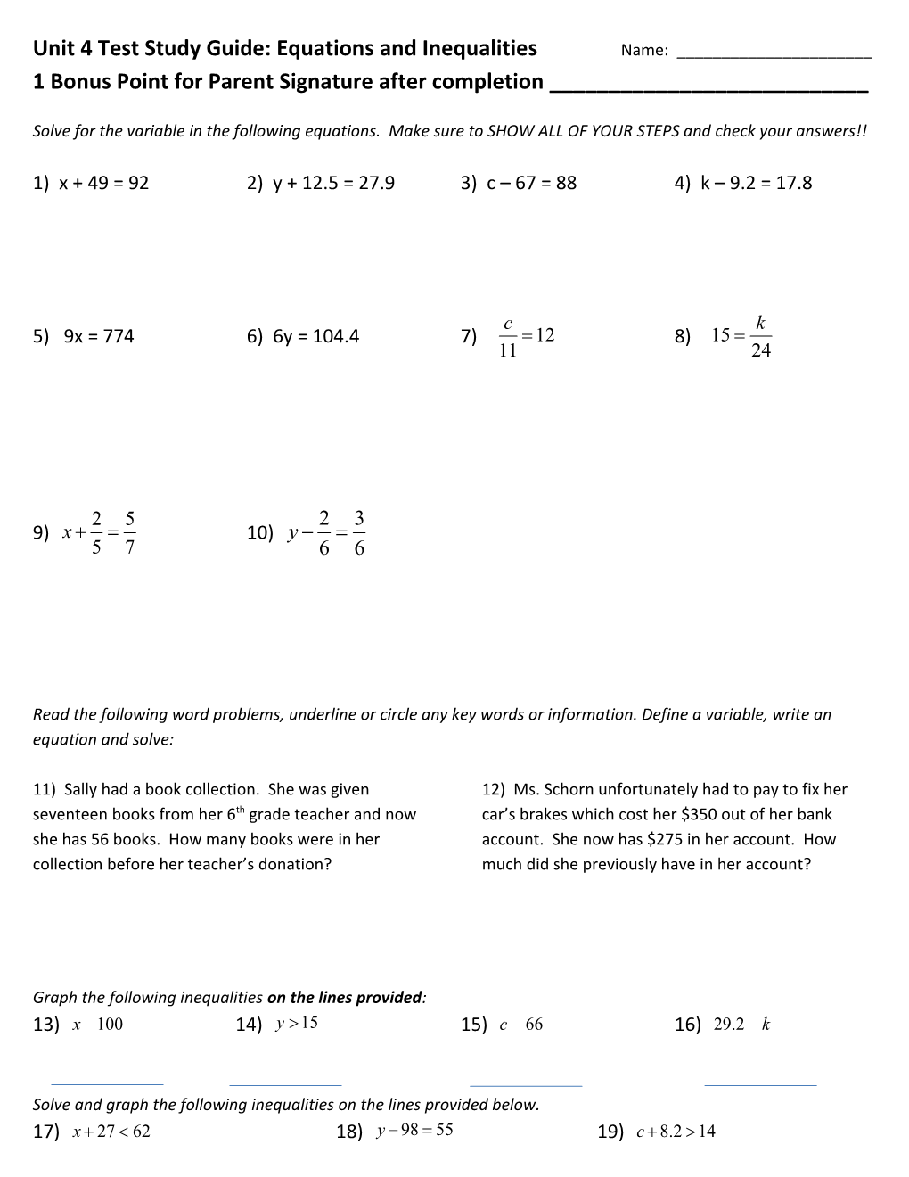 Unit 4 Test Study Guide: Equations and Inequalities Name: ______