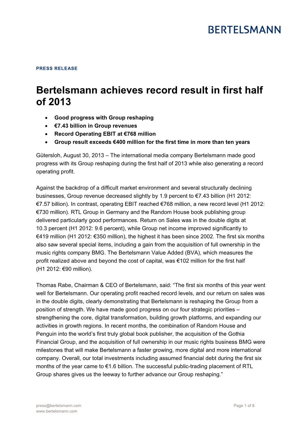 Bertelsmann Achieves Record Result in First Half of 2013