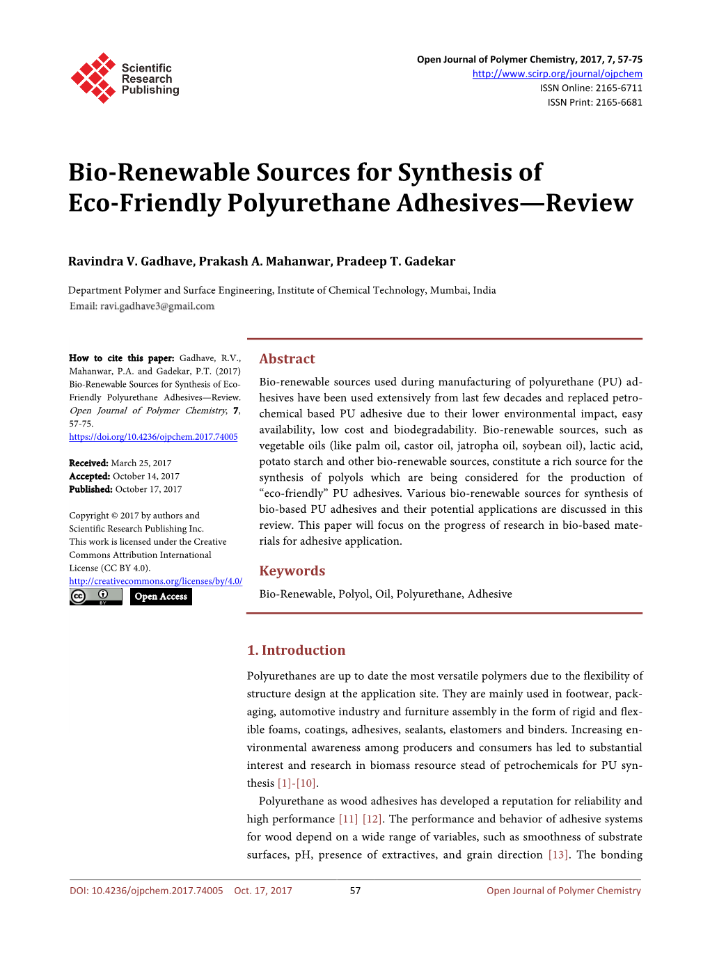 Bio-Renewable Sources for Synthesis of Eco-Friendly Polyurethane Adhesives—Review