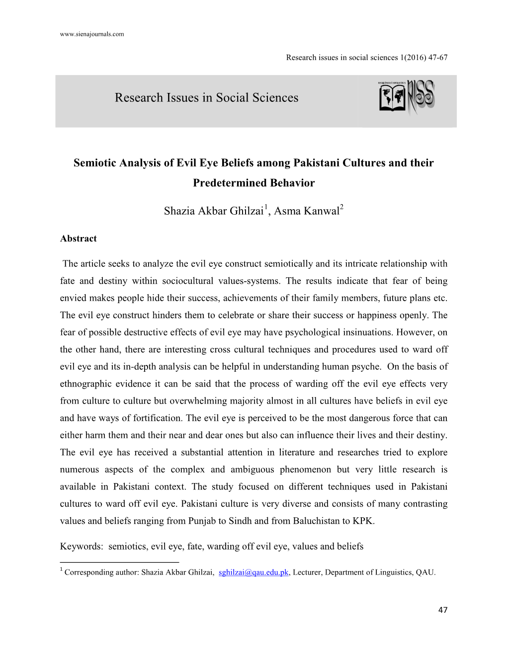 Semiotic Analysis of Evil Eye Beliefs Among Pakistani Cultures and Their Predetermined Behavior