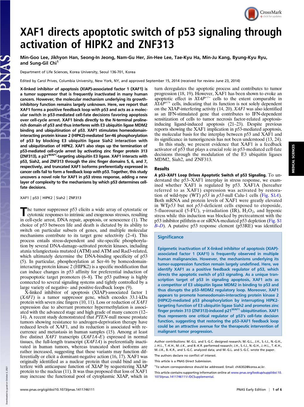 XAF1 Directs Apoptotic Switch of P53 Signaling Through Activation of HIPK2 and ZNF313