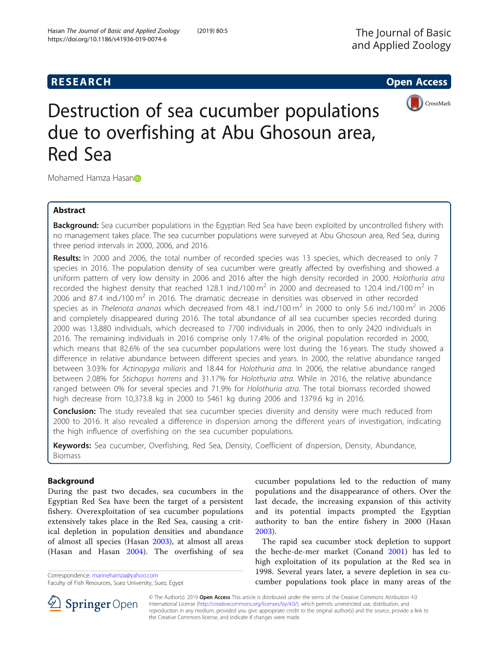 Destruction of Sea Cucumber Populations Due to Overfishing at Abu Ghosoun Area, Red Sea Mohamed Hamza Hasan