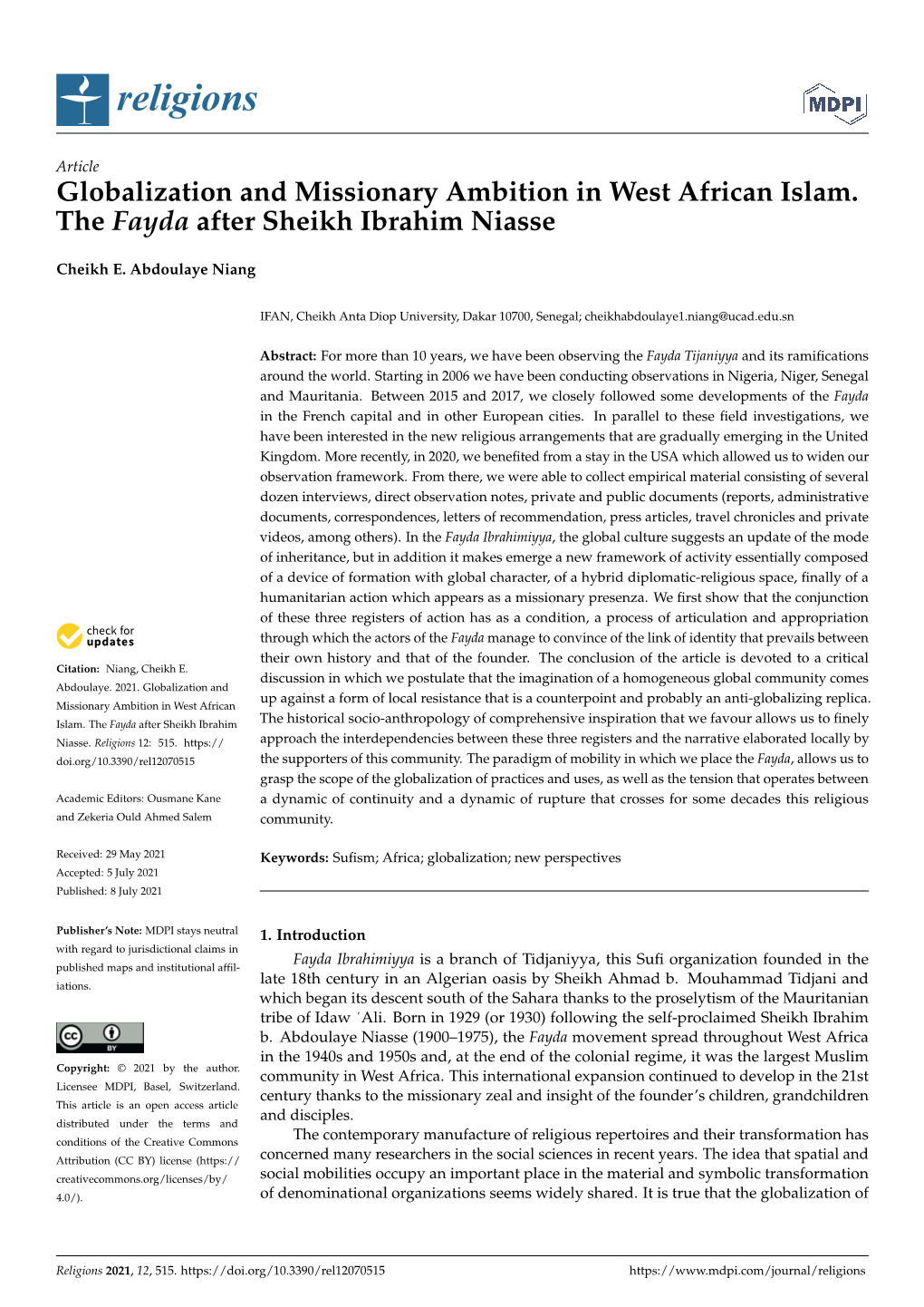 Globalization and Missionary Ambition in West African Islam. the Fayda After Sheikh Ibrahim Niasse