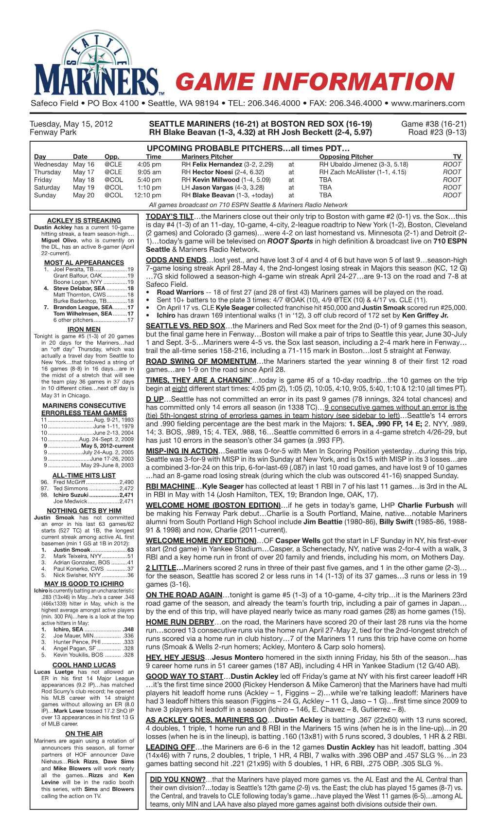 Mariners Game Notes • TUESDAY • MAY 15, 2012 • at BOSTON RED SOX • Page 2