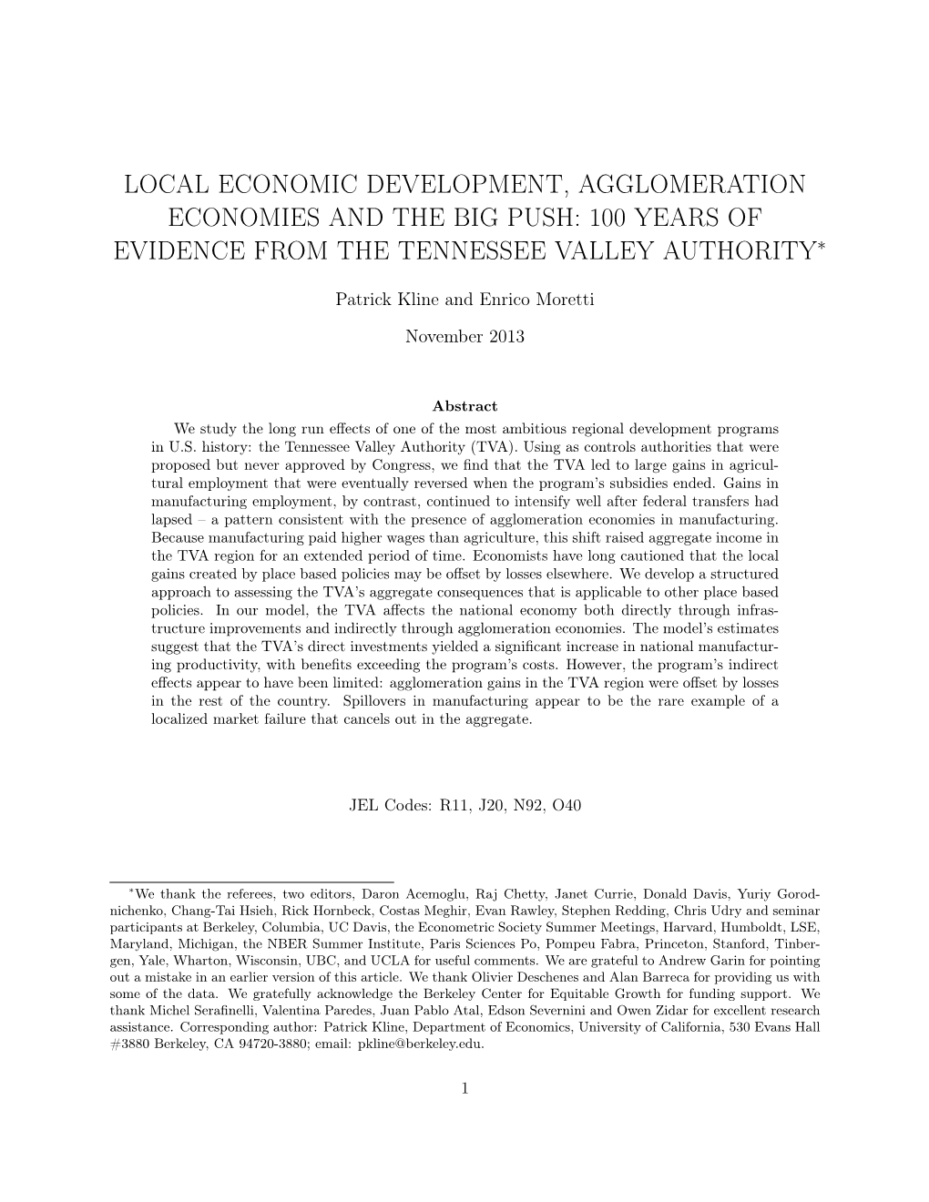 Local Economic Development, Agglomeration Economies and the Big Push: 100 Years of Evidence from the Tennessee Valley Authority∗