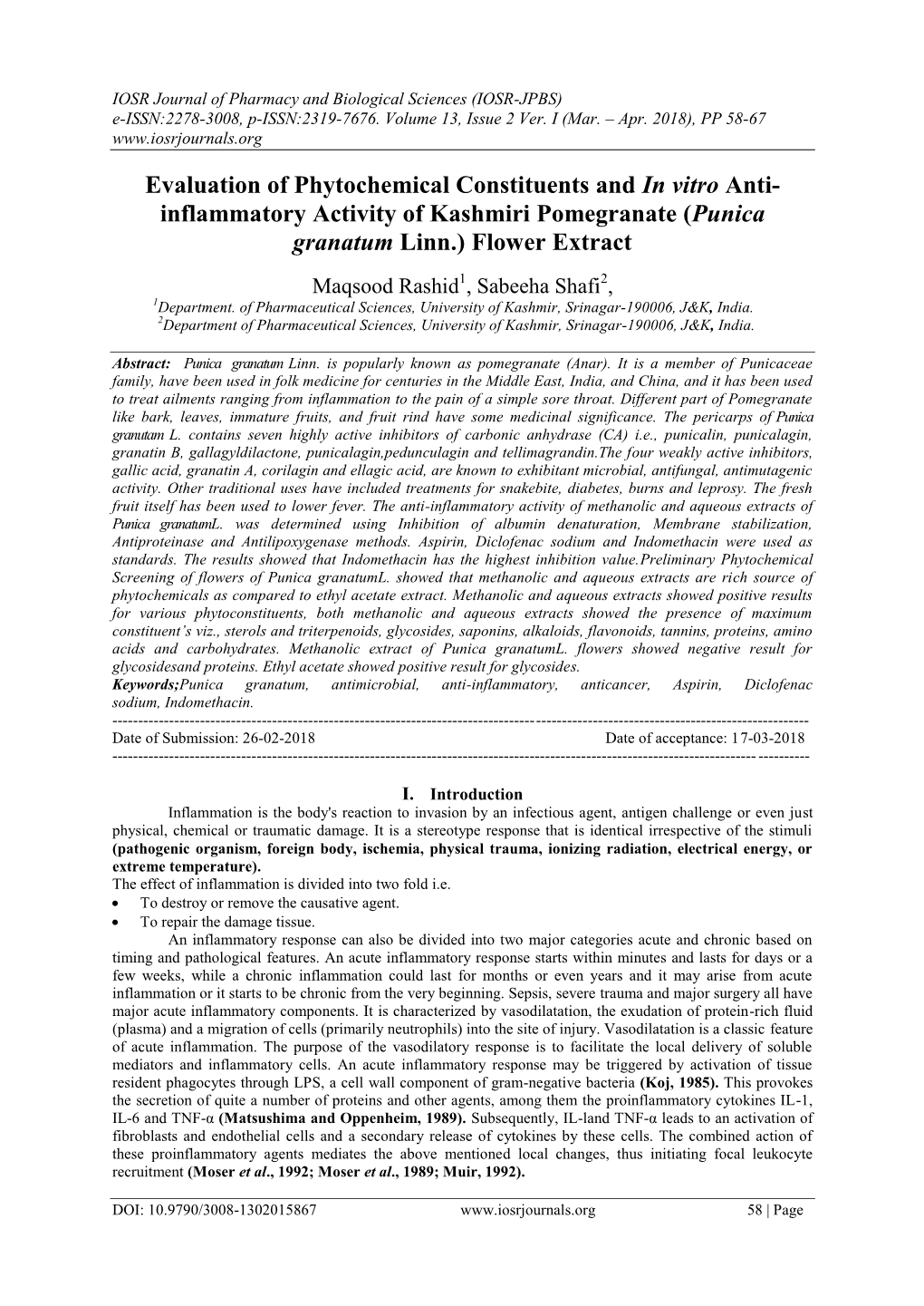 Inflammatory Activity of Kashmiri Pomegranate (Punica Granatum Linn.) Flower Extract