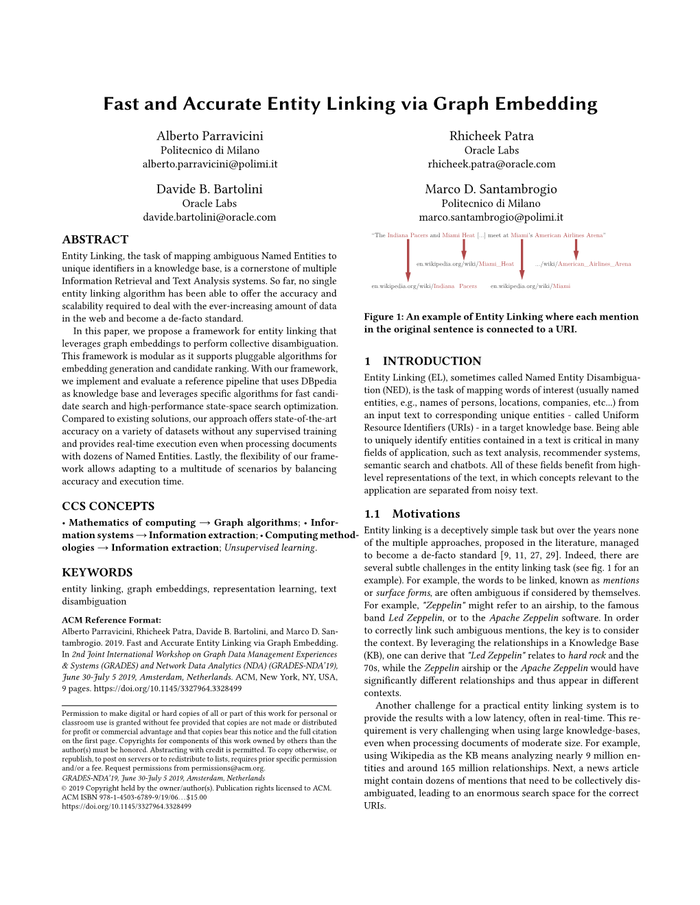 Fast and Accurate Entity Linking Via Graph Embedding