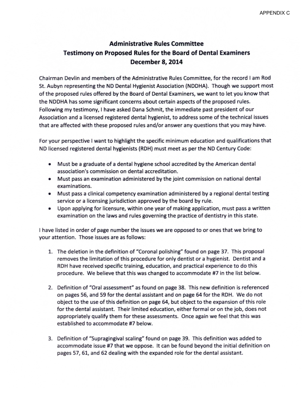 Administrative Rules Committee Testimony on Proposed Rules for the Board of Dental Examiners December 8, 2014