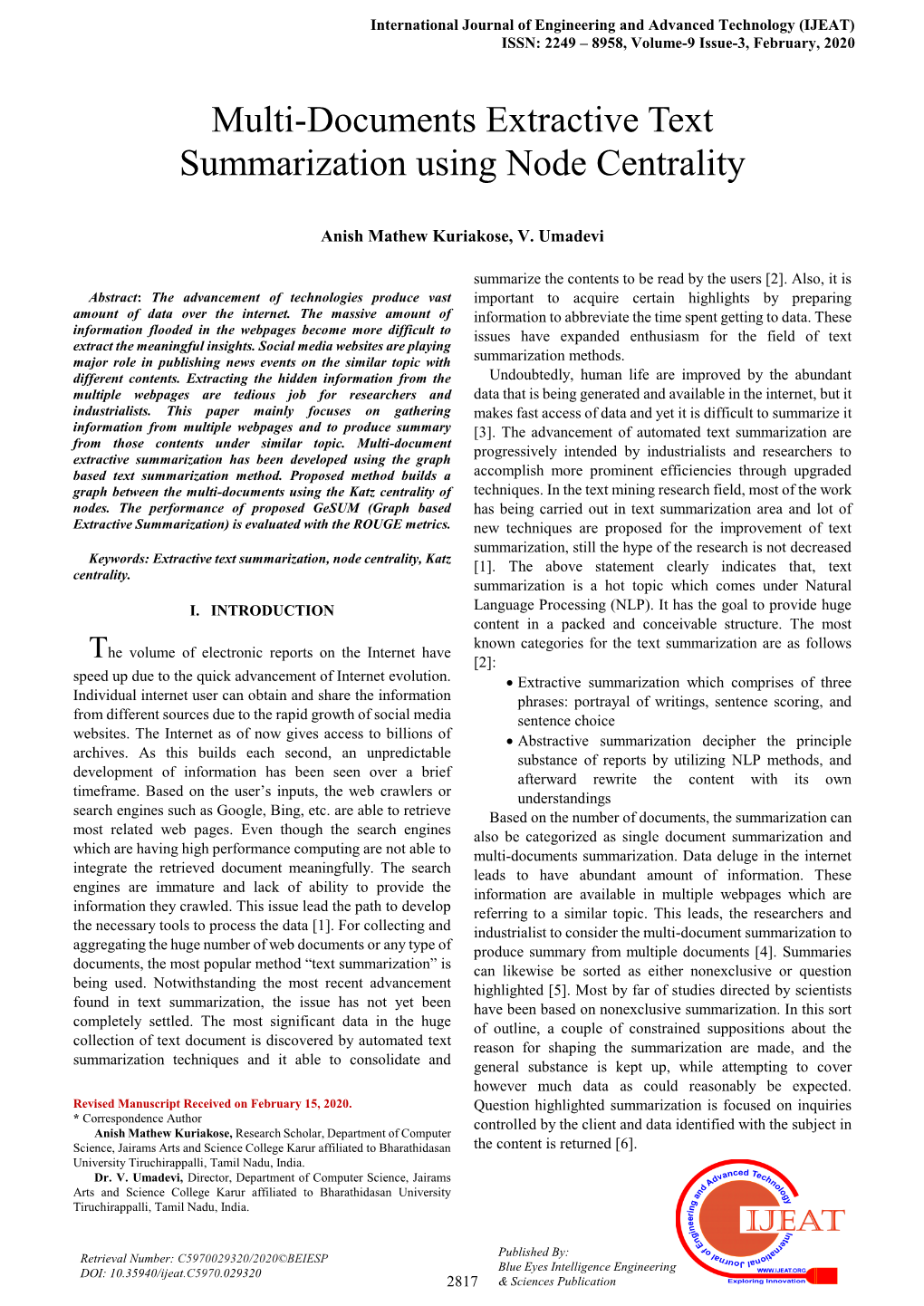 Multi-Documents Extractive Text Summarization Using Node Centrality