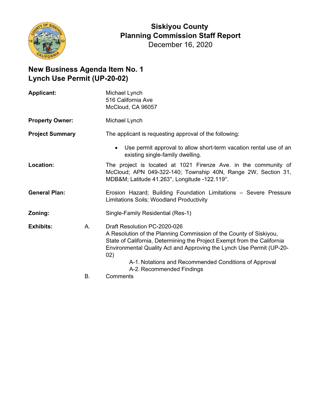 Siskiyou County Planning Commission Staff Report December 16, 2020