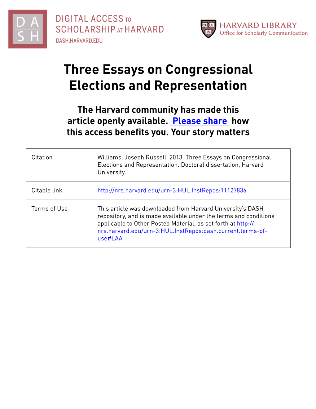Three Essays on Congressional Elections and Representation