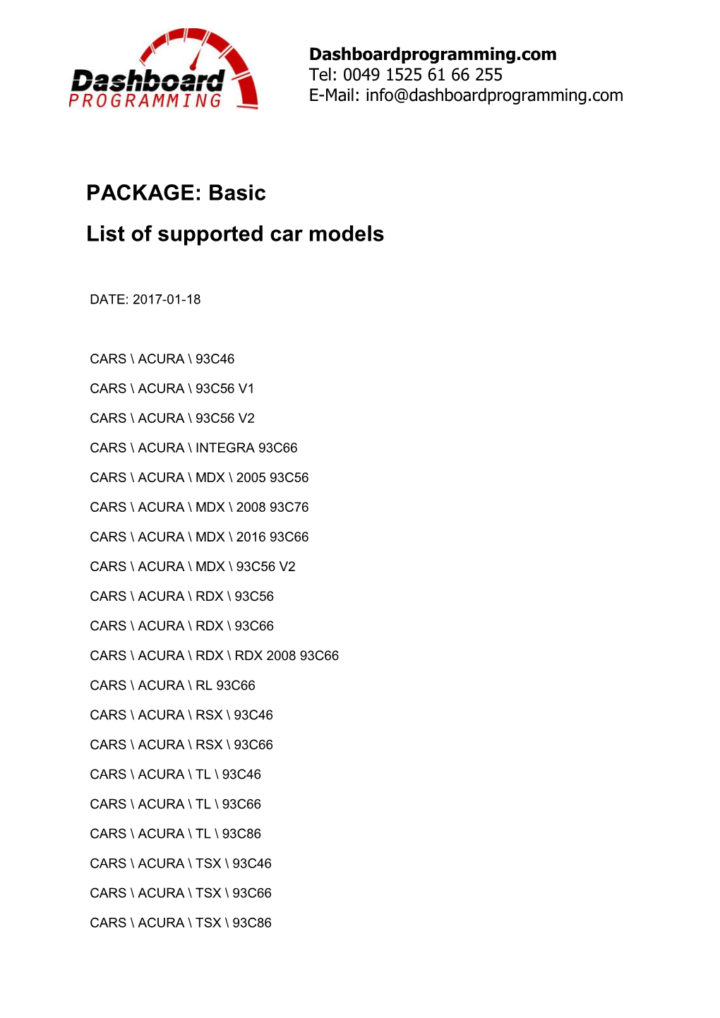 PACKAGE: Basic List of Supported Car Models