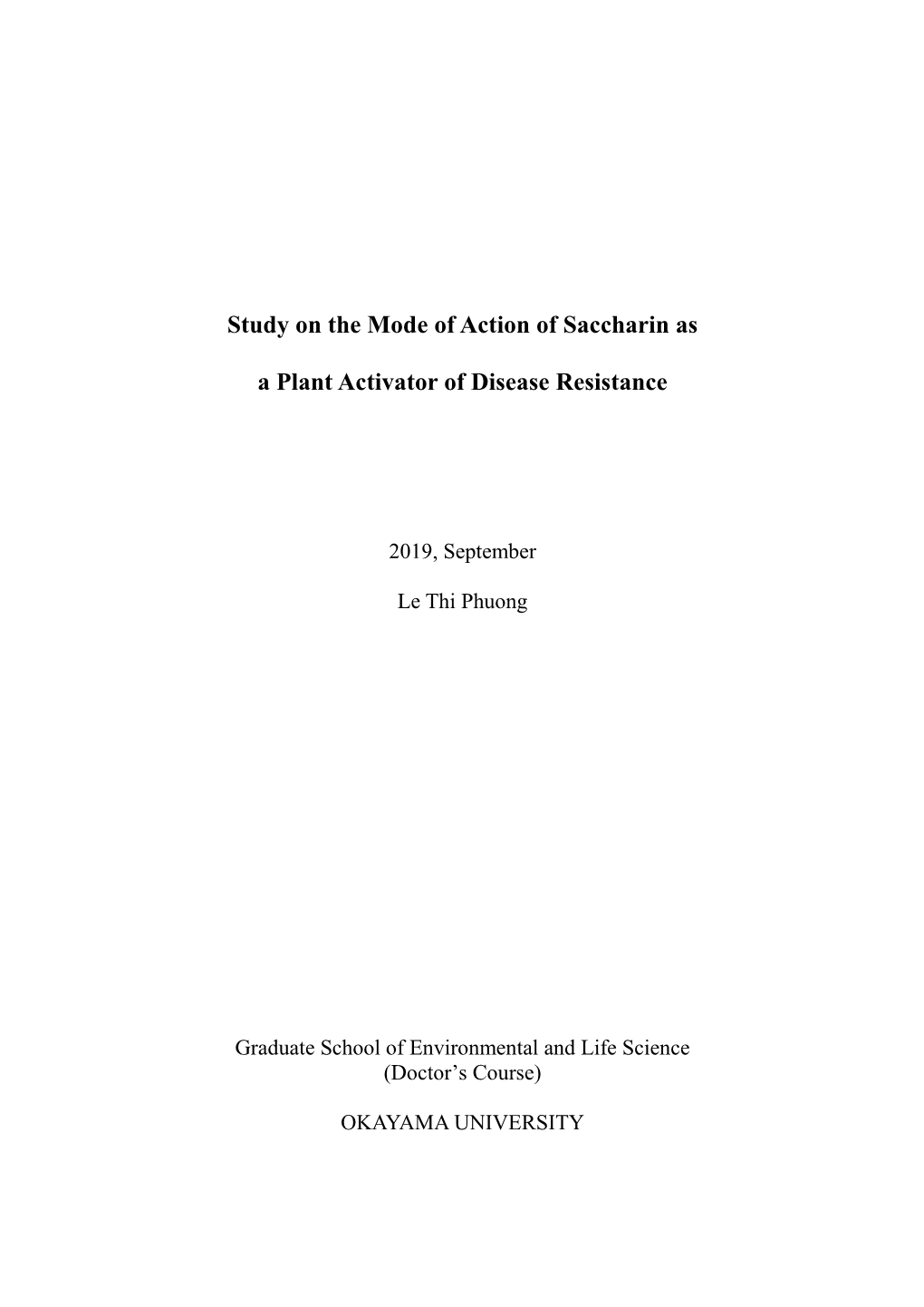 Study on the Mode of Action of Saccharin As a Plant Activator Of