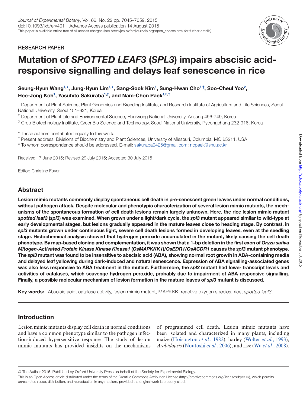 Impairs Abscisic Acid- Responsive Signalling and Delays Leaf Senescence in Rice