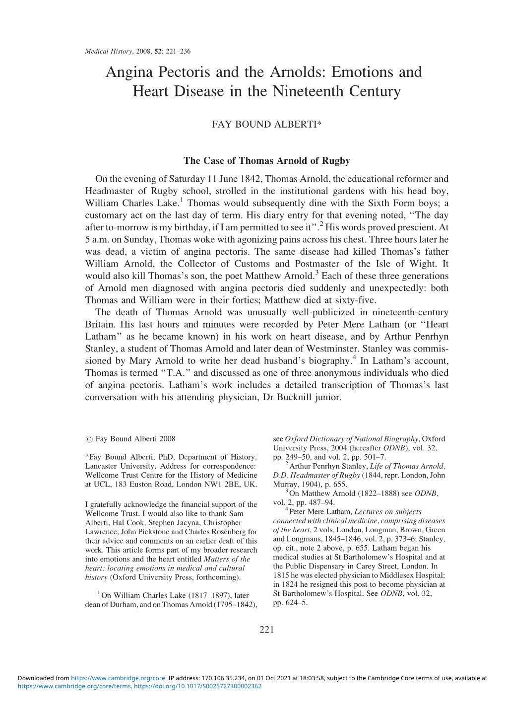 Angina Pectoris and the Arnolds: Emotions and Heart Disease in the Nineteenth Century