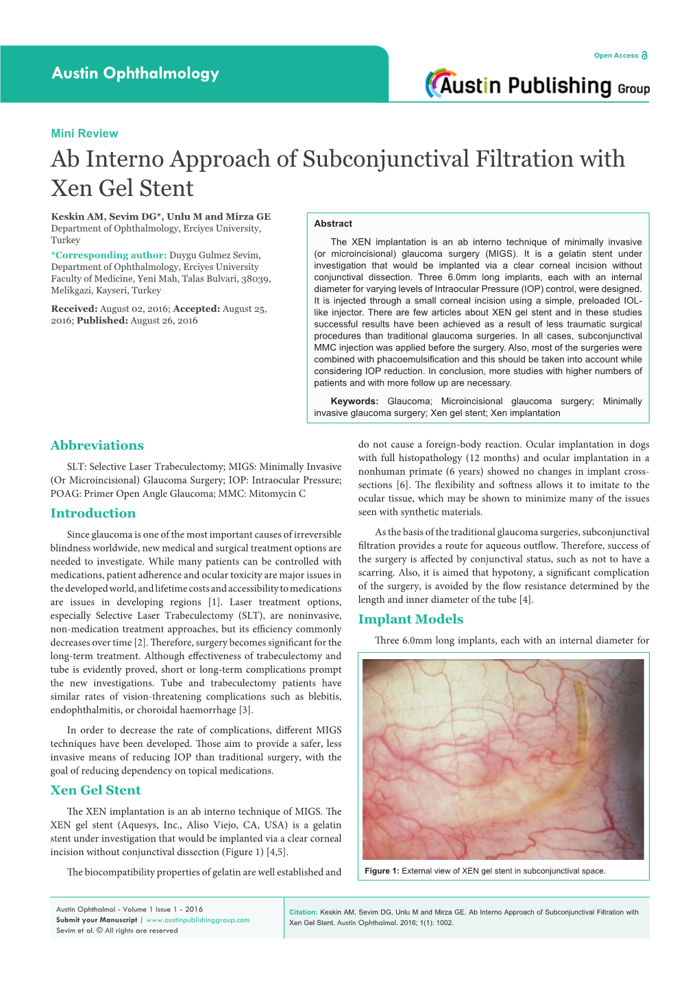 Ab Interno Approach of Subconjunctival Filtration with Xen Gel Stent
