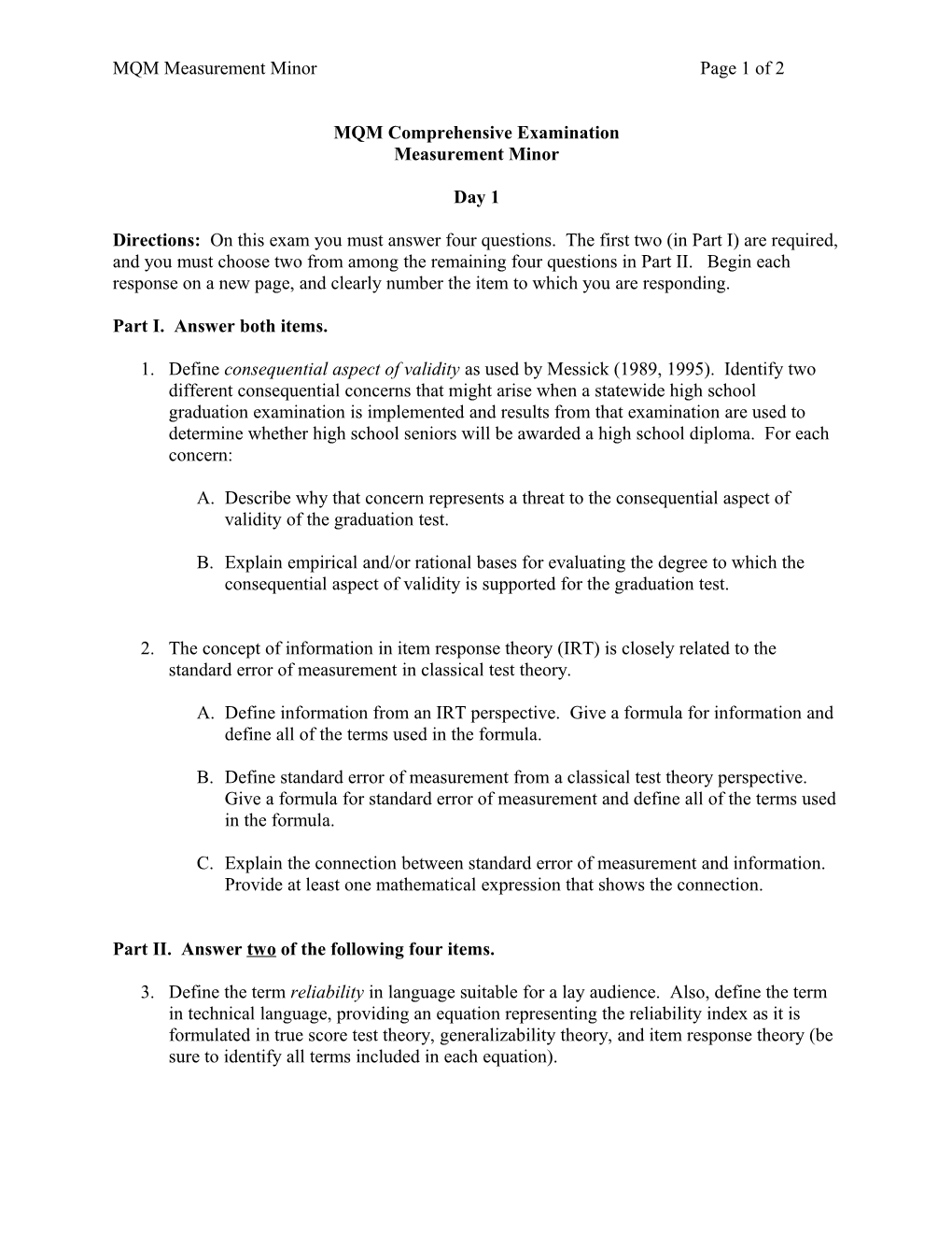 MQM Measurement Minor Page 1 of 2