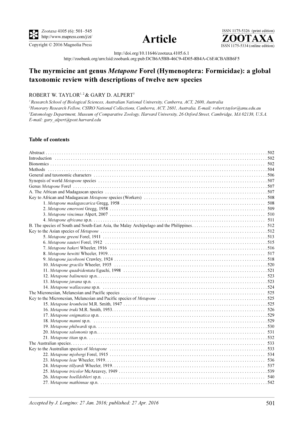 Hymenoptera: Formicidae): a Global Taxonomic Review with Descriptions of Twelve New Species