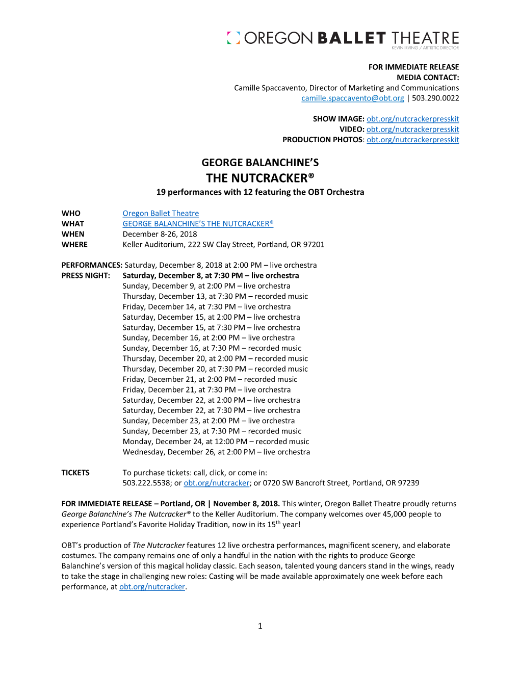 THE NUTCRACKER® 19 Performances with 12 Featuring the OBT Orchestra