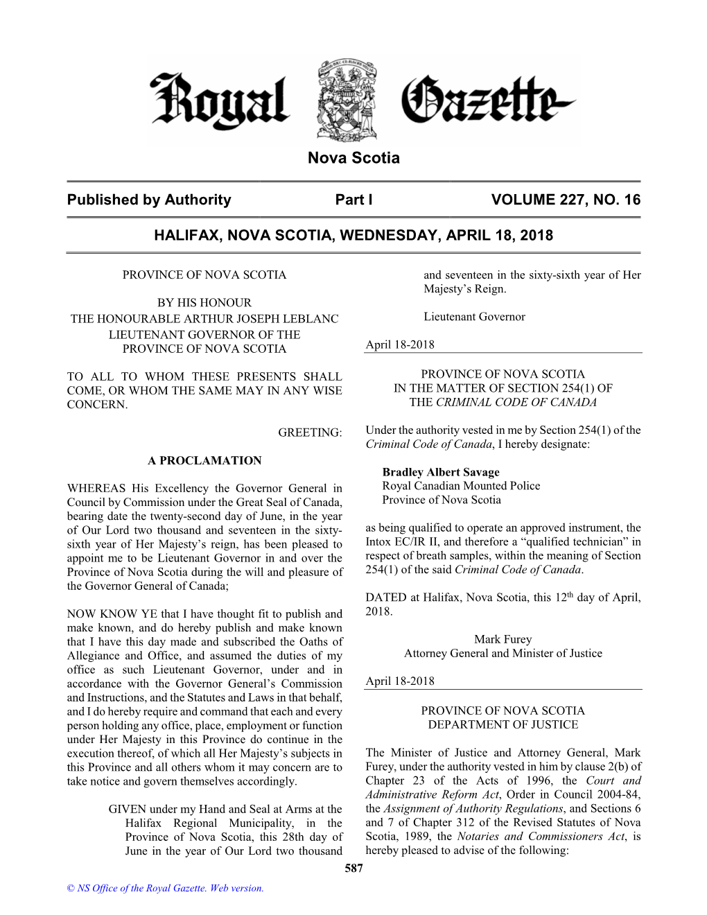 NS Royal Gazette Part I