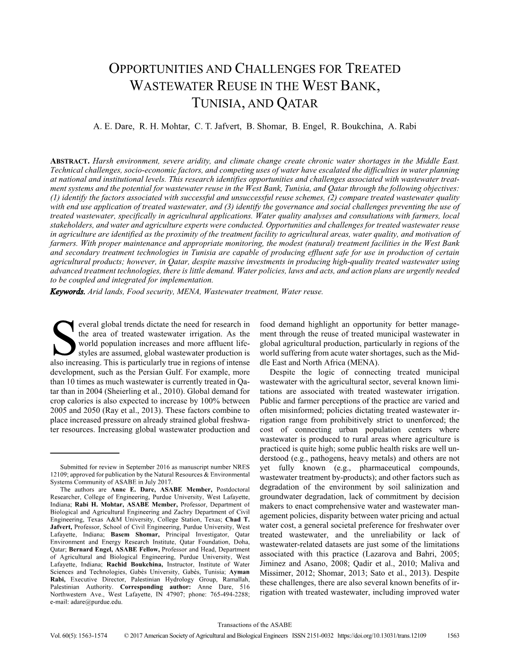 Opportunities and Challenges for Treated Wastewater Reuse in the West Bank, Tunisia,And Qatar