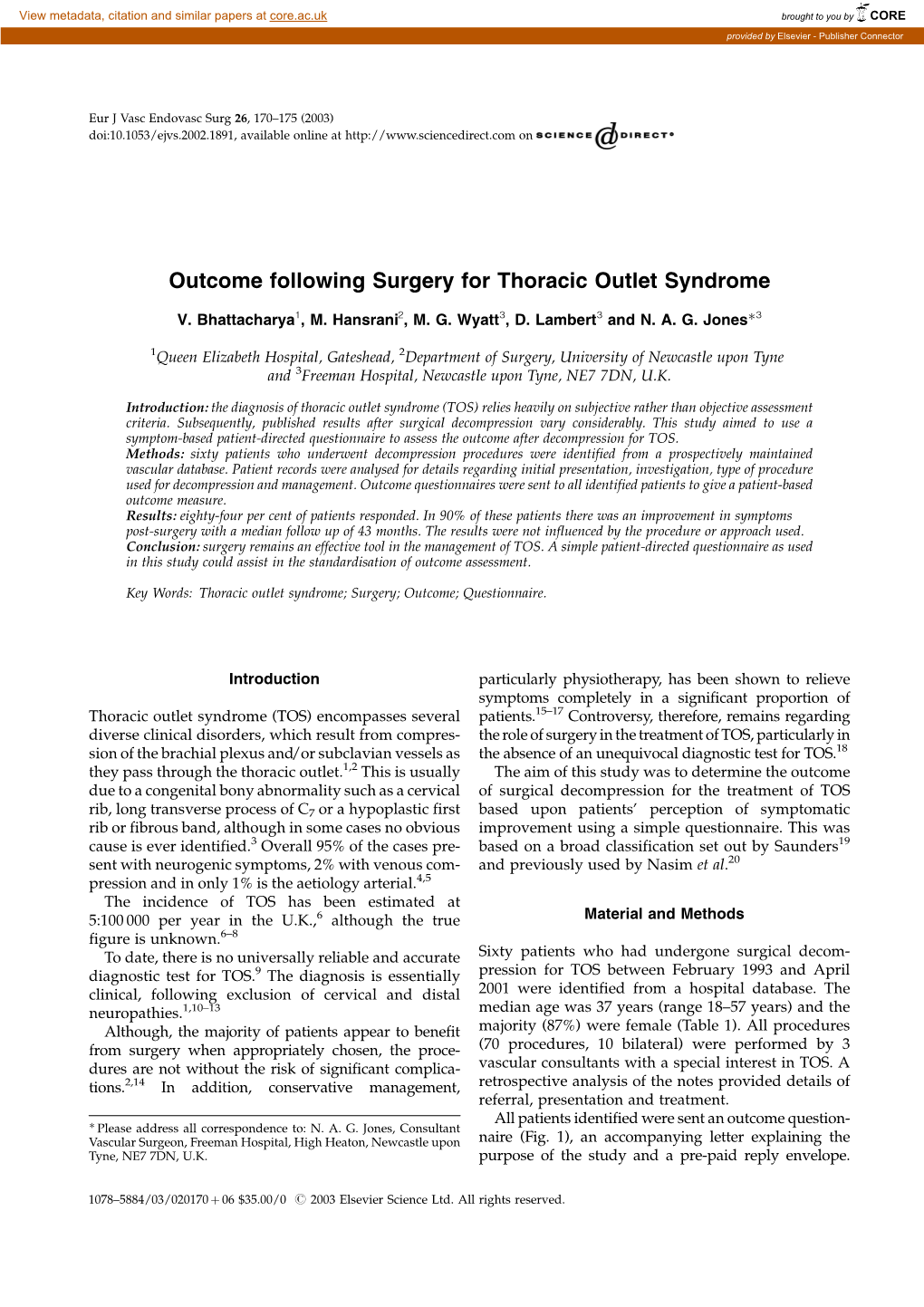 Outcome Following Surgery for Thoracic Outlet Syndrome