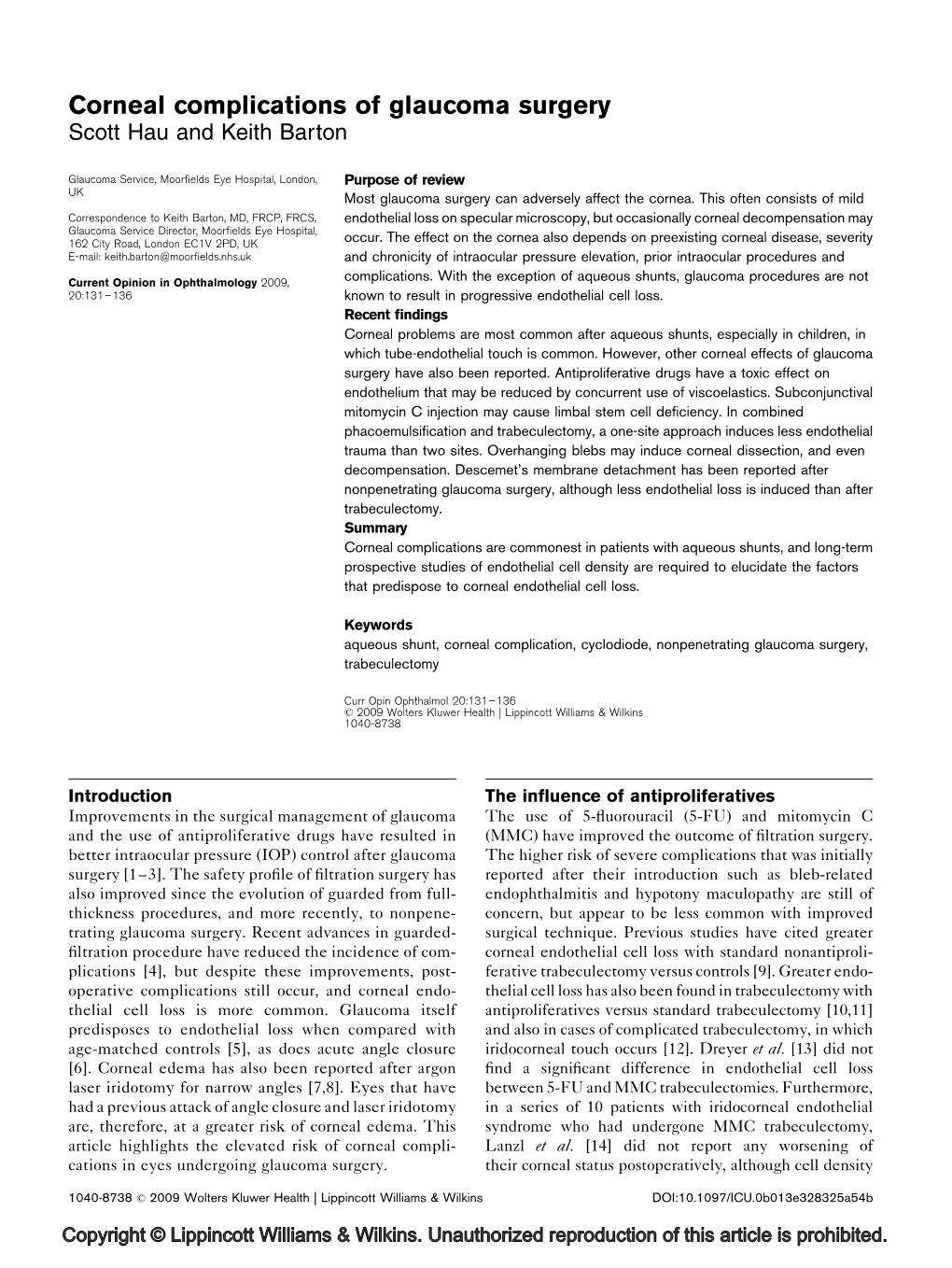 Corneal Complications of Glaucoma Surgery Scott Hau and Keith Barton